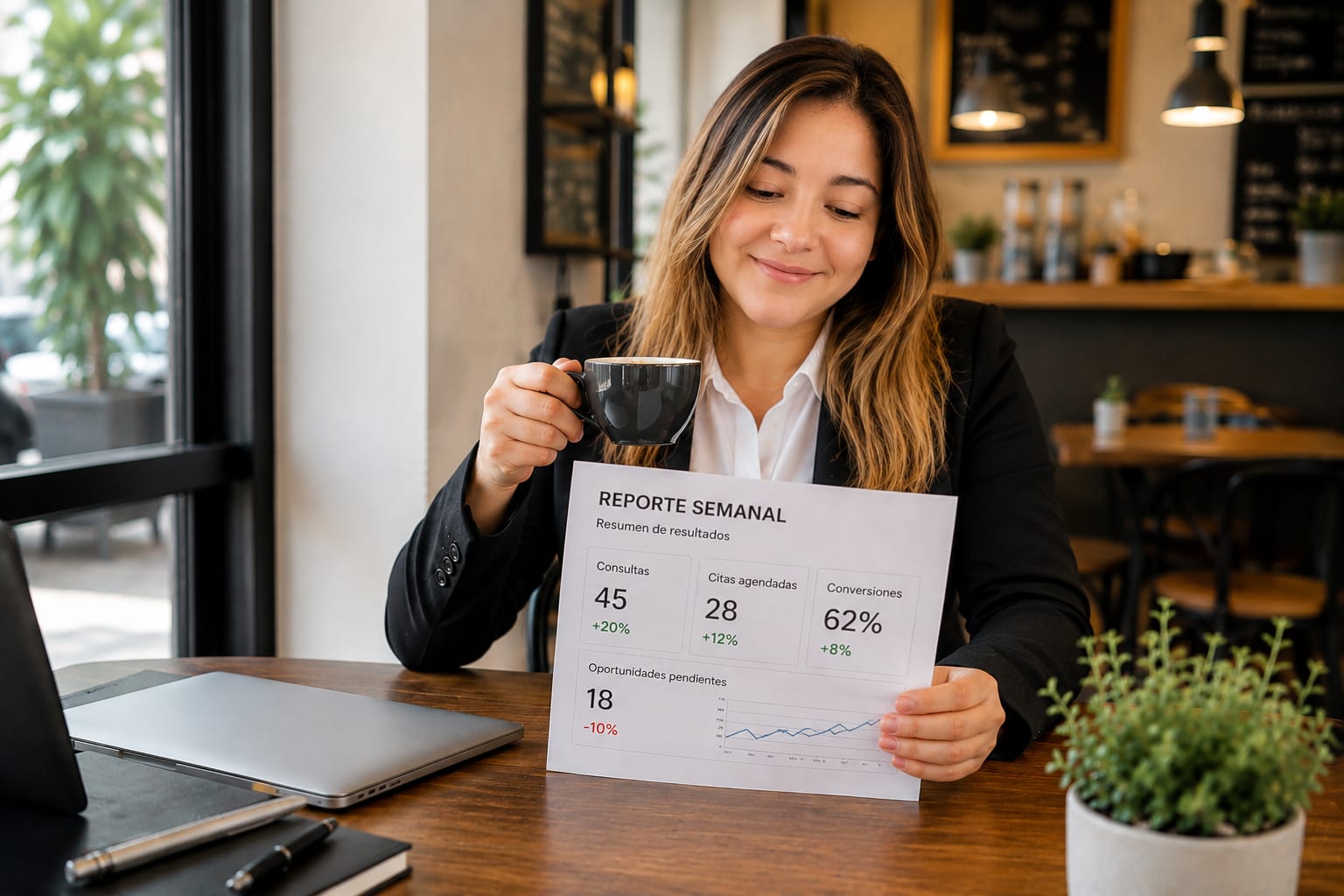Dueña de negocio revisando el reporte semanal de resultados con un café, sin tener que hacer las tareas