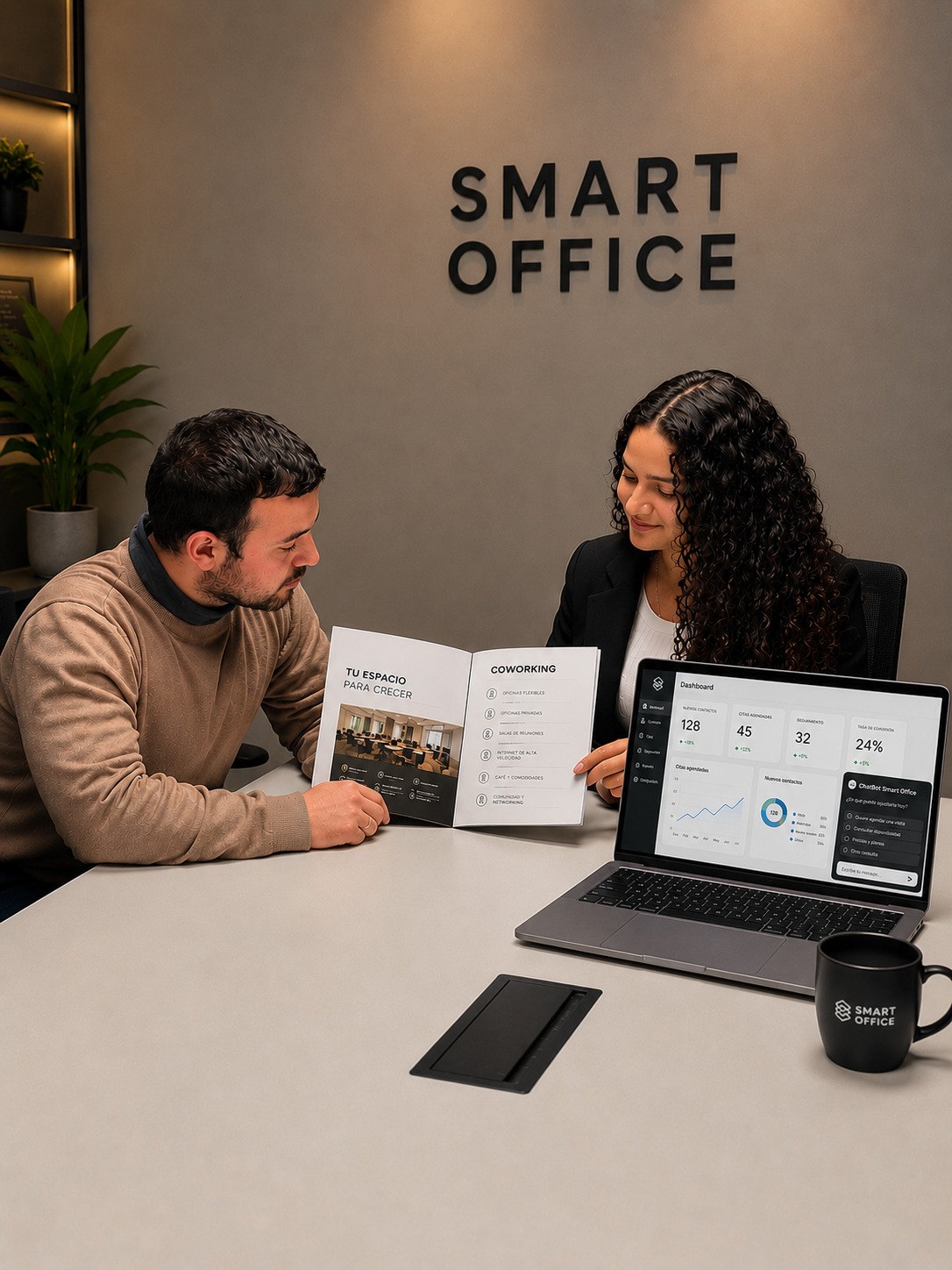 Equipo de Smart Office revisando el dashboard del sistema junto al folleto de coworking
